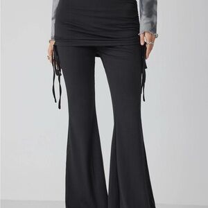 BLACK JERSEY HIGH WAIST KNOTTED RUCHED FLARED PANTS